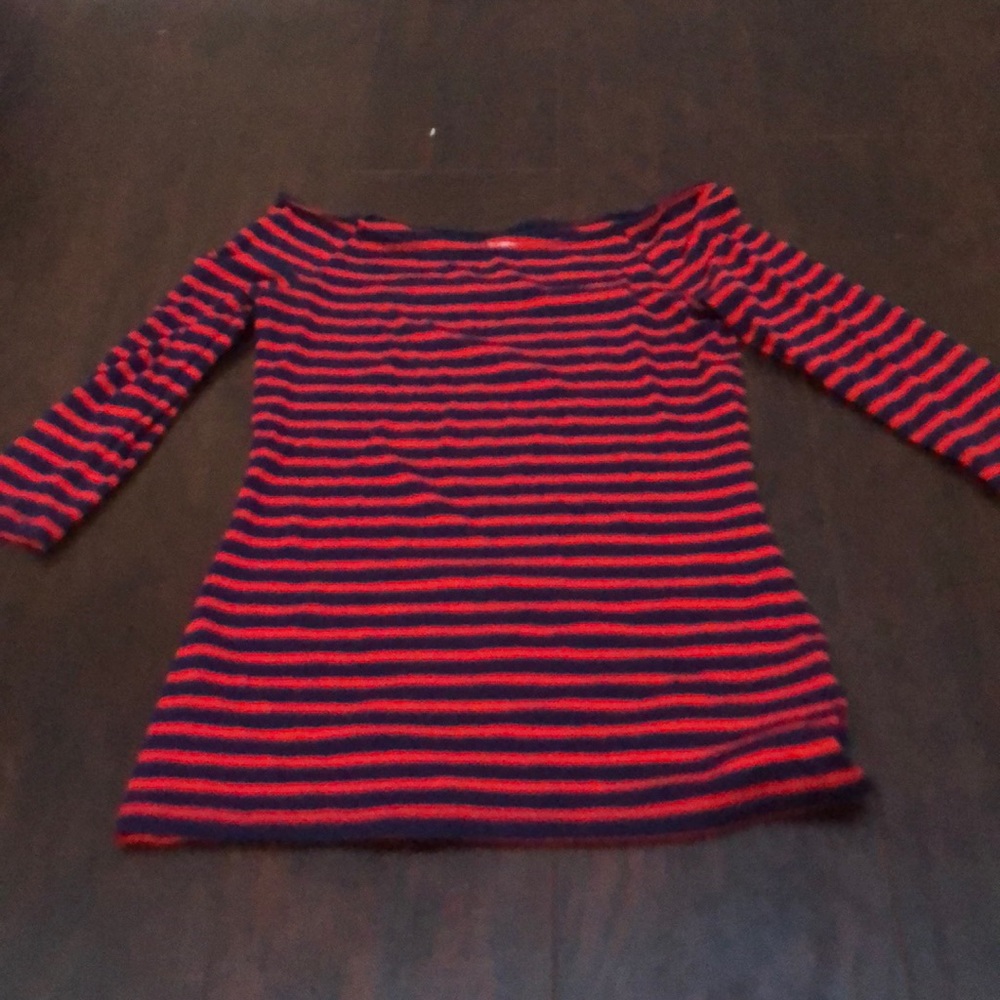 off the shoulder navy blue and red stripped shirt